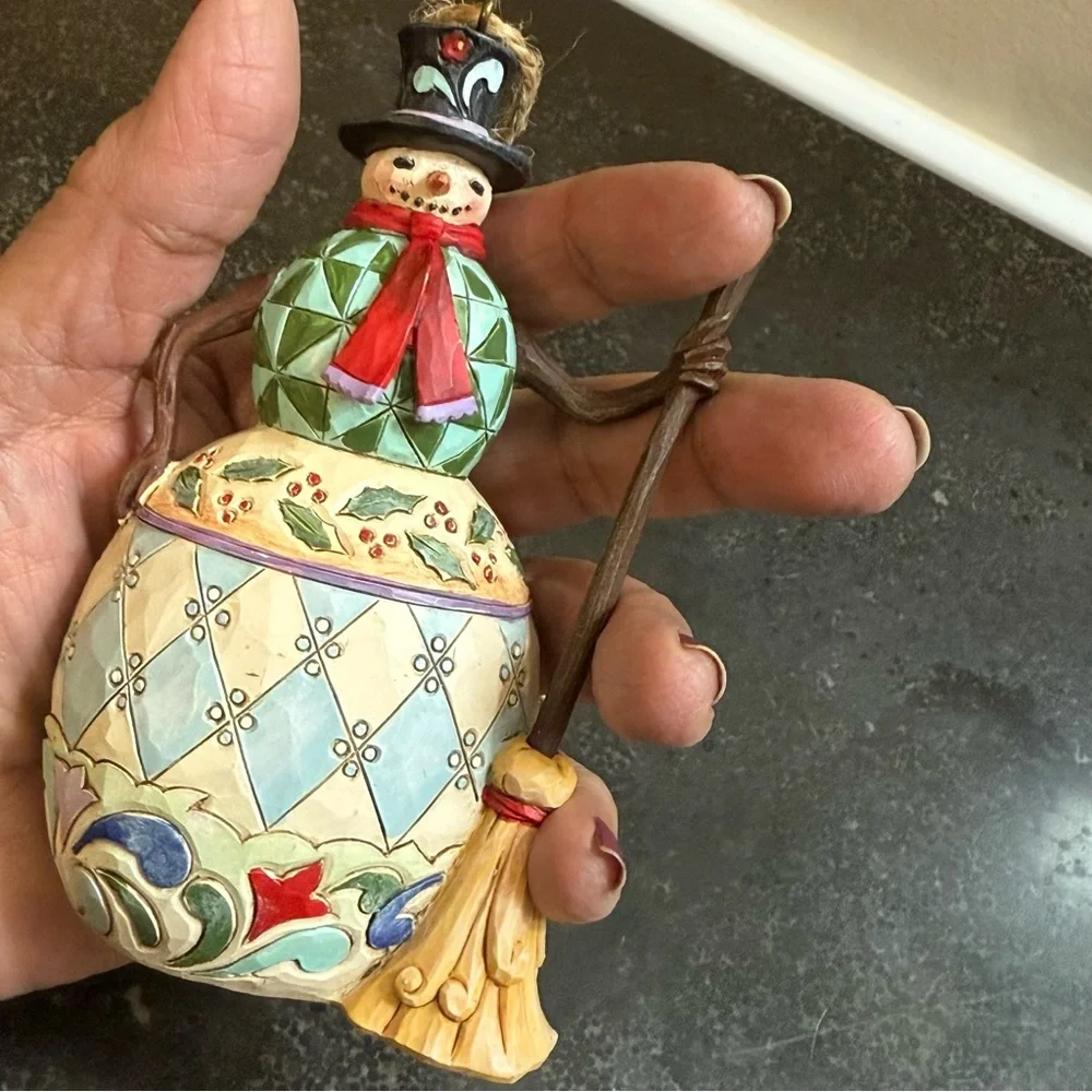 Jim Shore Snowman with top hat and broom ornament Heartwood Creek 2018